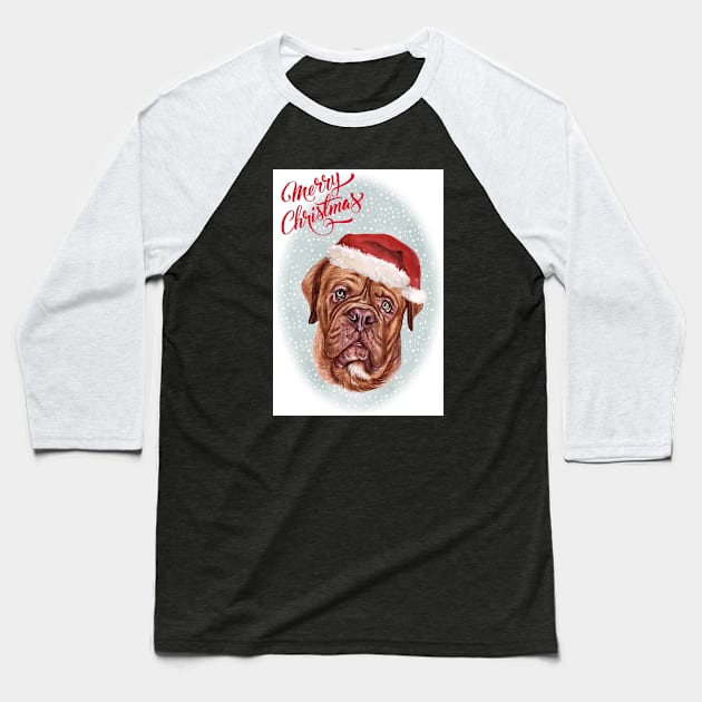 Dogue de Bordeaux Christmas Greeting Baseball T-Shirt by Puppy Eyes